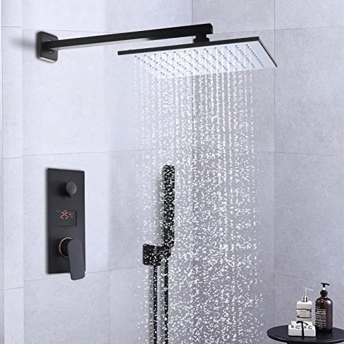 Rain Shower Accessory System Kit de douche à LED mat moderne avec pommeau de douche carré 30 x 30 cm Montage mural Noir