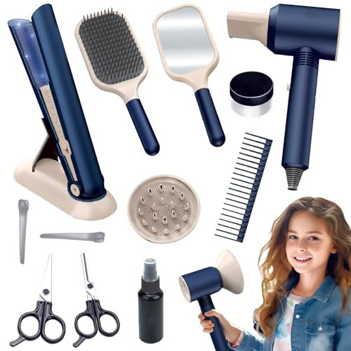 Ensemble de Salon de Beauté pour Filles,13 Pièces Jouets de Salon de Coiffure pour Filles,Set Coiffure Enfant Fille,Jouet avec Sèche Cheveux,Coiffeur Accessoires de Coiffure