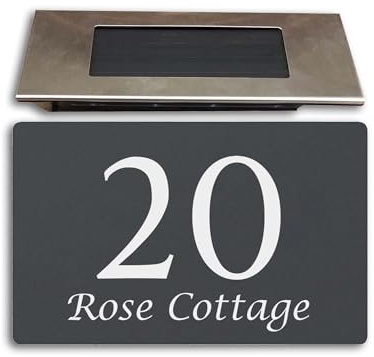 Housics Personalised Solar House Sign LED Door Plaque, Grey 280x160mm | Customised address plaque with solar LED light. Weatherproof composite aluminium for outdoor front door wall.