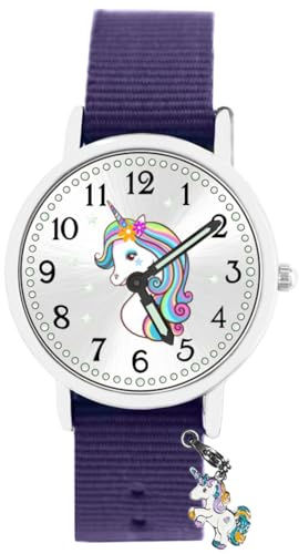 Brecjon Geschenk Set Einhorn Armbanduhr Mädchen wasserdicht Bettelarmband 4 emaillierte Anhänger Unicorn Sammelbox Nylon Armband