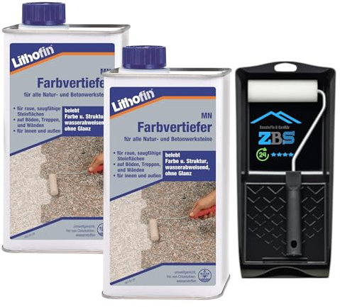 zbs24 Lithofin MN Farbvertiefer Set für den Außenbereich, lösemittelhaltige Imprägnierung für Pflastersteine, Terrassenplatten und Wände, verstärkt natürliche Farben, mit Farbrollerset (2 Liters)