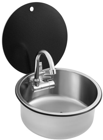 RV Camping Spüle Handwaschbecken aus Edelstahl mit Edelstahlfilter, Rundspüle Waschbecken Einbauspüle mit Klappbarer Wasserhahn, RV Wohnmobil Aufbauspüle Spülbecken Küchenspüle mit Abdeckung