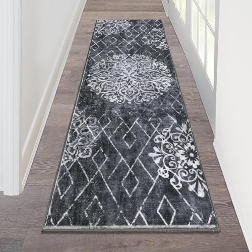 SHACOS Schwarzer Teppich Läufer Flur rutschfest 60x180 cm Kurzflor Flauschiger Teppichläufer Flur Weich- Küchenteppich Waschbar- Boho Teppich Läufer für Flur, Küche, Eingang, Schlafzimmer