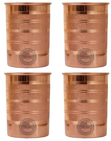 Fashnkart Bicchieri in rame puro Set di 4 bicchieri per acqua potabile Ayurveda Health Pure Tumblers Tazze in rame 10,14 Oz 300 Ml (Silver Touch)