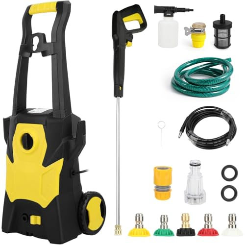 Rondella ad alta pressione da 120 bar, 1600 W, con 5 ugelli, portata 360 l/h, IPX5, idropulitrice portatile ad alta pressione, pulitrice a pressione per la pulizia di auto, casa, terrazza (giallo)