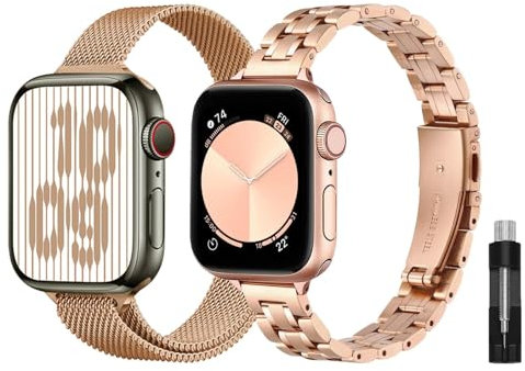 baklon 2-Pack Women Stainless Steel Strap Compatible with Apple Watch Strap 38mm 40mm 41mm 42mm(Series 10), Compatible with iWatch Series Ultra/Ultra2/SE2/SE/10 9 8 7 6 5 4 3 2 1, Rose Gold