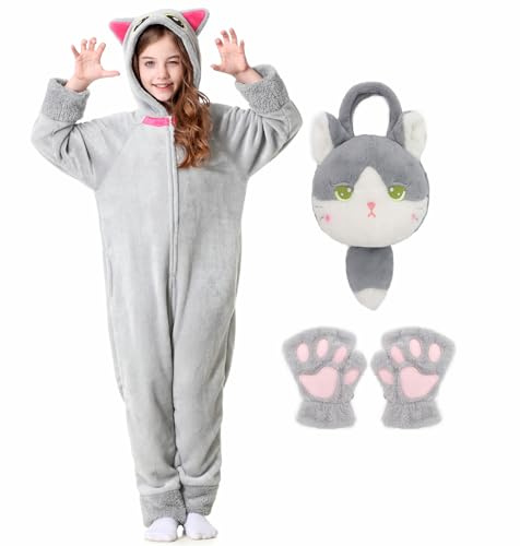 Heionia Costume Gatto Bambina Vestito Gattino Bambini Pigiama Animale Tuta Costumi Gatti Cosplay Carnevale Halloween per Ragazza (Grigio, 150)
