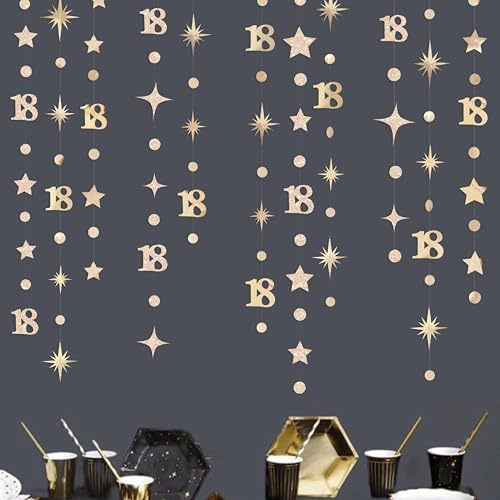 Champagne Gold 18th Birthday Decorations Number 18 Circle Dot Twinkle Star Garland Streamer Banner Backdrop for Girls Boys Happy 18th Birthday Time to Adult Cheers to 18 Years Old Anniversary Party