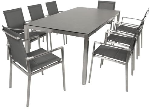 DEGAMO Gartengarnitur Sydney 9-teilig Edelstahl (8X Stapelsessel gepolstertes Kunstgewebe grau und 1x Tisch in Keramikoptik 200x100cm), Outdoor wetterfest