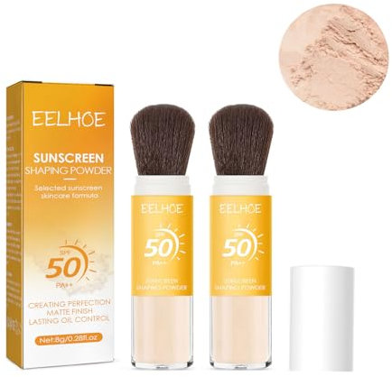 Lot de 2 poudres de protection solaire minérale, SPF 50+, pour le visage, finition naturelle mate avec brosse, imperméables, durables, légères et respirantes, multicolores,