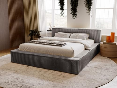 GRAINGOLD Lago Bett 160x200, Polsterbett mit Bettkasten, Polsterbett mit Stauraum, Fellstoff, mit Lattenrost, mit Kopfteil, ohne Matratze (Dunkelgrau, 160x200)