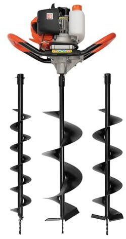 Levkitch Earth Auger Fence Post Hole Borer, 52cc Petrol Ground Spiral Digger with 3 Drill Bits Attachments 4 6 8 Inch Extension Pole 30cm, 8500rpm 2 Stroke