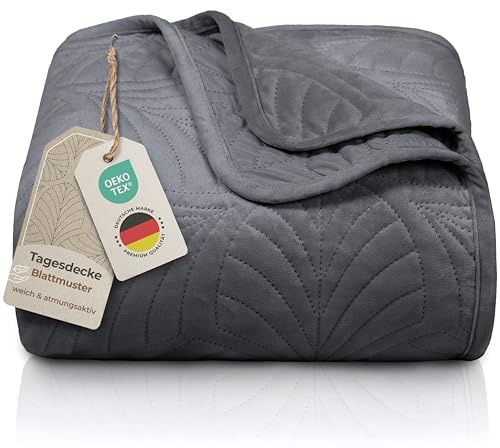 Gräfenstayn Premium Tagesdecke 170x210 cm – Bettüberwurf mit Nahtloser Steppung & Blatt-Design – Samt-Decke – weich, knitterfrei & pflegeleicht – Überwurf für Bett & Sofa (anthrazit)