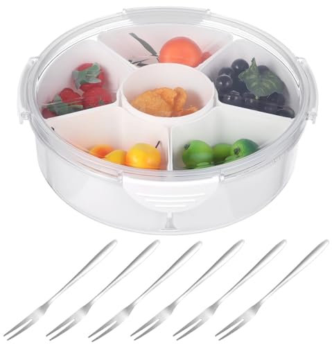 Vassoio per alimenti a 6 sezioni con coperchio, vassoio in plastica trasparente per snack, frutta e salse