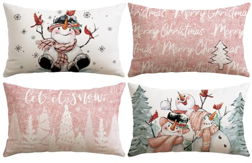 JOTOM Set da 4 federe per cuscini natalizi, Federa decorativa per cuscino moderna, cuscino decorativo, cuscino decorativo per soggiorno, giardino (30 x 50 cm, pupazzo di neve | Rosa)