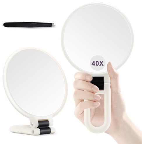 MIYADIVA 40X Vergrößerungsspiegel, Handspiegel für Schmink, Doppelseitig mit 40X/1X Vergrößerung, Reiseessential, Tragbar & Klappbar für Schreibtisch und Badezimmer, Geschenk für Frauen, Perlweiß