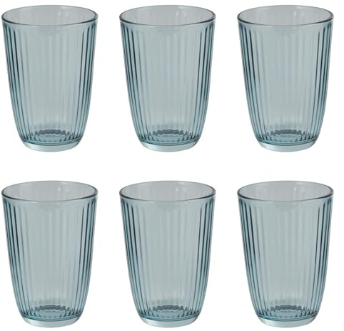BUTLERS 6er Set Trinkgläser 390 ml Klarglas - LINEE | Farbe Blau - Wasserglas für Limonaden & Säfte - Universalglas für Softdrinks & Cocktails - Rillenstruktur