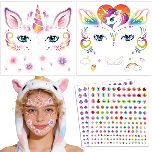 DPKOW Tatouages faciaux carnaval Licorne Costume Adultes Femme Accessoires, Tatouages temporaires Licorne Pierres scintillantes Accessoires de maquillage pour le visage Costumes de carnaval