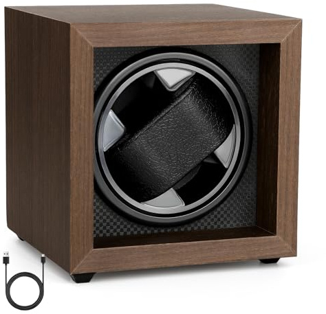 Fuutilake Single Watch Winder for Automatic Watches Only – USB Powered, Ultra-Quiet 5dB Anti-Magnetic Wooden Box with Smart 12-Hour Rotation & Memory Foam Pillow (Walnut Finish)
