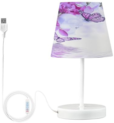 Mnsruu Bedside Table Lamp Purple Flower Butterfly Pansy Bedside Lamps LED Desk Lamp Fabric Shade Small Lamp for Bedroom Living Room (Bulb Included)