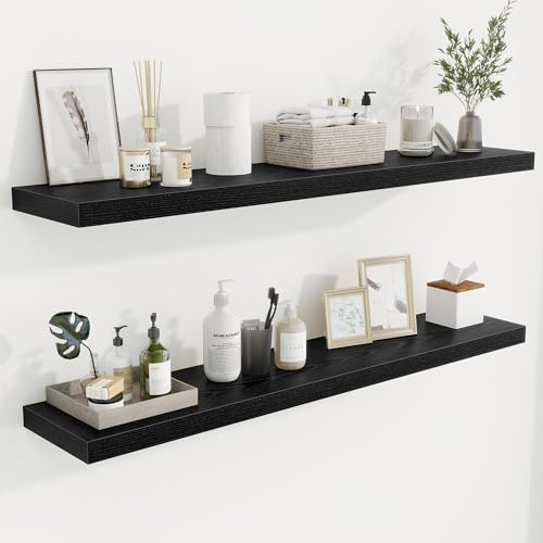 Acovy 120cm Floating Shelves, 23.5cm Deep Floating Shelf Wall Mounted, 120cm Wall Shelves, Rustic Deep Bookshelf, Large Display Shelves & Storage Shelves for Bedroom, Living Room, Black, Set of 2