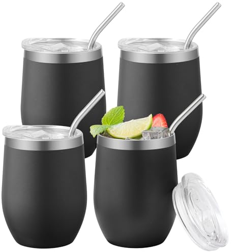 RHtvrll 4 Stück Weinbecher Edelstahl, 12 Oz/ 350ml Thermobecher Travel Mug mit Deckel und Strohhalm Kaffeebecher für Champagner, Kaffee, Weingläser aus Edelstahl (schwarz)