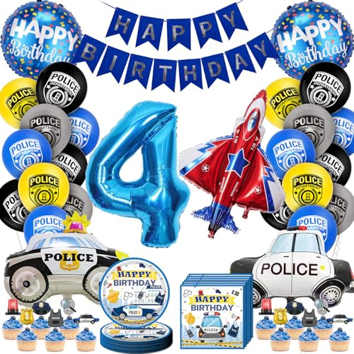 Dncvb Polizei Geburtstag Deko Polizei Party Geburtstagsdeko | Polizei Partygeschirr Deko mit Banner, Servietten, Pappteller, Luftballon, Cupcake Topper(4)