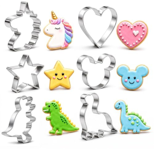 Dinosaur Unicorn Biscuit and Cookie Cutters, 6 Piece Stainless Steel Set | Dinosaur, unicorn, mouse head, star and heart shapes for biscuit dough, fondant and sandwiches