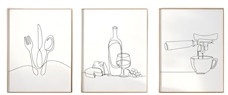 Xiyocadt Poster Set Küche 3er Set – Minimalistische Linien Wandbilder mit Besteck, Weinflasche & Kaffeeautomat, Moderne Wanddeko für Esszimmer, Küche & Wohnzimmer, Rahmenlos (40 x 50 cm)