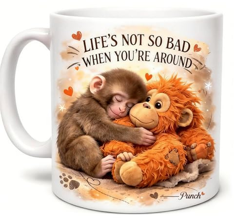 Kenmohuo Punch Monkey Mug, Punch and His Bear Mug, Inspirational Little Monkey Ceramic Coffee Mug, Unique Motivational Gift for Animal Lovers