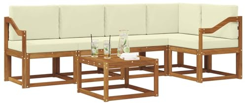 vidaXL Outdoor-Sofagarnitur mit Kissen 6 pcs Natur und Creme, Cooles Garten-Sofa, modernes Outdoor-Eckmöbel, langlebige Terrassen-Sitzgelegenheit, gemütliches Lounge-Set für die Terrasse