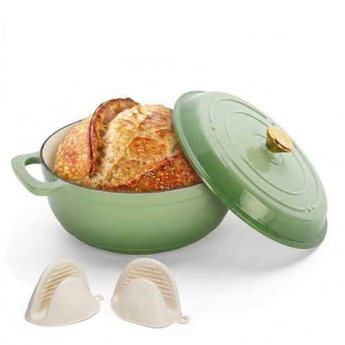 ROVSON Cast Iron Dutch Oven for Bread Making, Enamelled Casserole Dish with Lid, Gradient Green – Oven Safe Cast Iron Pot, Pan, Silicone Gloves (Avocado Green, 5QT)