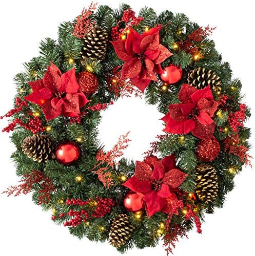 WeRChristmas Couronne décorée avec 50 lumières LED et fonction minuterie, multicolore, 75 cm