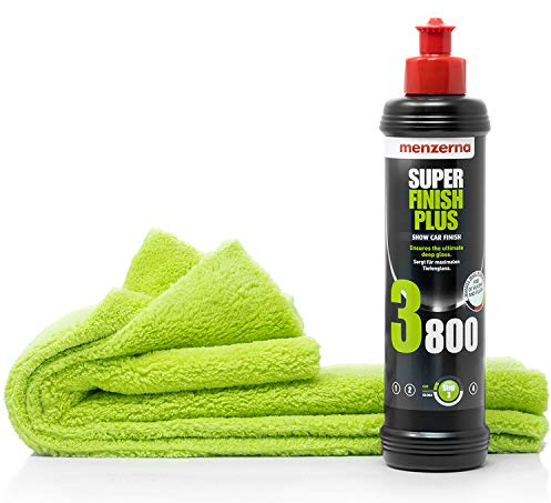 detailmate Auto Polier Set - Autopflege: Menzerna Hochglanzpolitur Super Finish Plus 3800, 250 ml - Finish Auto Politur + Mikrofaser Auto Poliertuch, 40x40cm, perfekt zum Auspolieren auf Autolack