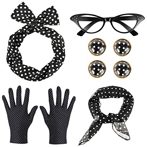 GOLDGE 50er Damen Accessoires Set Vintage Zubehör Polka Dot Haarband Schal Ohrringe Ohrclip Brille Handschuhe (6PCS)