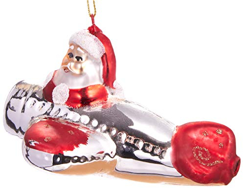 BRUBAKER Weihnachtsmann im Flugzeug - Handbemalte Weihnachtskugel aus Glas - Mundgeblasener Christbaumschmuck Figuren lustig Deko Anhänger Baumkugel - 12 cm