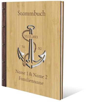 Stammbuch Gravur individuell Bambus Cover lasergeschnitten mit Echtleder Rücken und Extras DIN A4 (240 x 310 mm) - Anker