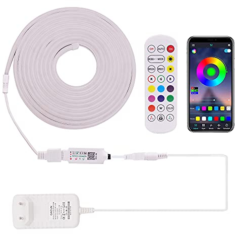 XUNATA 12V RGB Dimmbar Bluetooth Neon LED Streifen, Musik Sync, App-steuerung, Wasserdicht Flexibel Silikon Flexibel Neon Lichtschlauch für Innen Aussenbereich Heim Küche DIY Deko (1M)