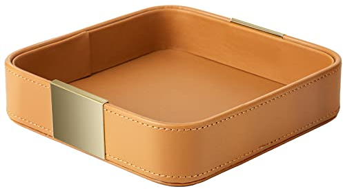 SANZIE Luxury Leather Desktop Storage, Small Catchall Organizer, Decorative Tray for Entryway Table to Hold Jewelry,Watch,Cosmetics,Keys,Phone,Wallet,Home & Office Accessories (Metal Glided, Orange)