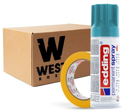 W West Boxx Premium Acryllack Spray 200 ml in Petrol Matt im Set mit Kreppband Gold 25mm x 50m Typ 521, für exakte Farbkanten