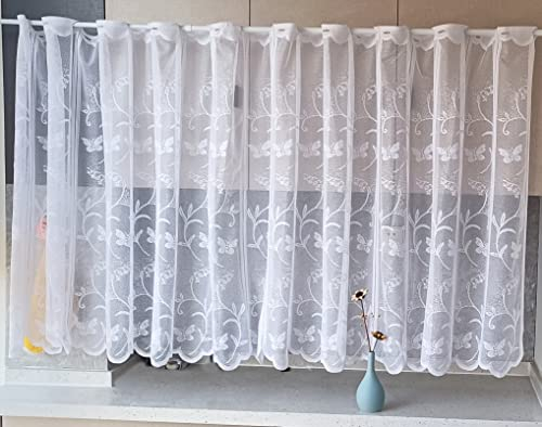 Yaland Scheibengardinen Jacquard Blumen Bordüre Gardine weiß Bistrogardine gebogt Breite 210cm Hoch 120cm Kurzegardinen kleine Scheibengardine Küchevorhänge