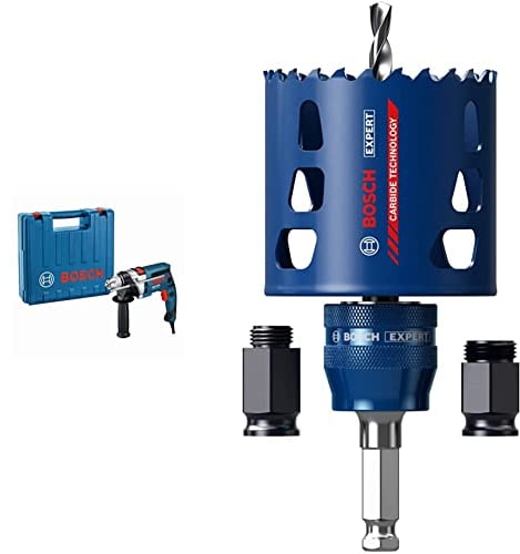 Bosch Professional GSB 16 RE Schlagbohrmaschine + Schnellspannbohrfutter 13 mm + Tiefenanschlag 210 mm + 1x Expert Tough Material Lochsäge Starter Set (für Holz mit Metall, Ø 68 mm, Zubehör)