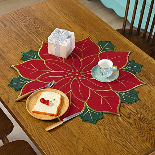 MISNODE Lot de 4 Tapis de Table Sous Assiette de Noël Poinsettia avec Fleurs Vertes Brodées, Rouge 40 cm