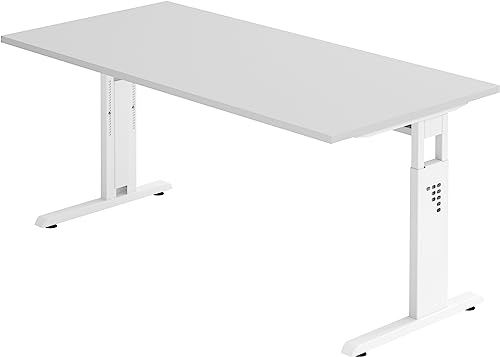 bümö höhenverstellbarer Schreibtisch O-Serie 160x80 cm in grau, Gestell in weiß - PC Tisch für's Büro manuell höhenverstellbar, Computertisch verstellbar