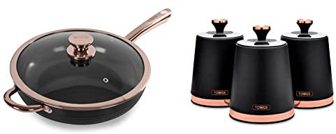 Tower T800003RB Linear Non Stick Induction Saute Pan With Lid, Black And Rose Gold, 28 cm & T826131BLK Cavaletto Set of 3 Storage Canisters for Tea/Coffee/Sugar, Steel, Black and Rose Gold