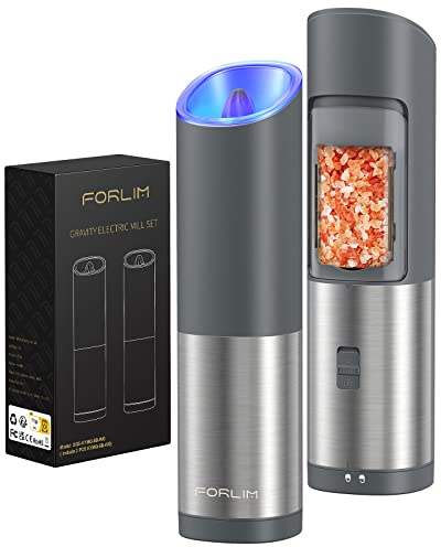 FORLIM Set macina sale e pepe elettrico a gravità, macina pepe automatico con granulometria regolabile, funzionamento con una sola mano, per cucina, ristorante e barbecue, set di 2, blu-grigio