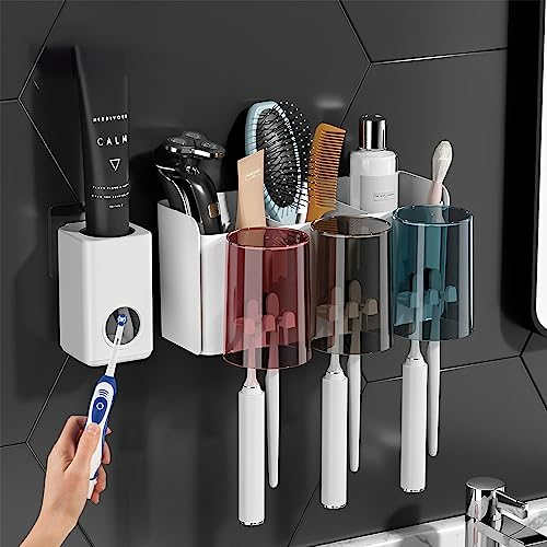 Set mit Kleemeiero Zahnbürstenhalter Wand Ohne Bohren Zahnbürste Halter Selbstklebend Zahnputzhalter 3 Zahnbürsten Becher 6 Zahnbürstenschlitzen Zahnbürstenhalterung für Badezimmer Kinder und Familien