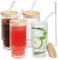 Anhow 4er Cocktail Gläser Set, 350ml Gepunktet Longdrinkgläser mit Deckel, Eiskaffee Gläser mit 4 Strohhalm/ 1 Bürsten für Wasser, Cocktails, Saft - Transparent