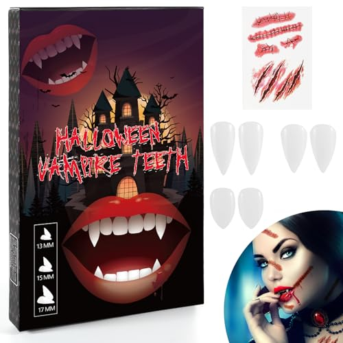 Halloween Vampir Zähne,3 Paar Fangs Kit mit Pellets Klebstoff (Wiederverwendbar),Vampirzähne Passend zum Horror Kostüm, Gruselig für Halloween Cosplay Party , Zombie, Monster,Cosplay, Teufel