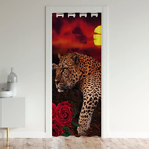 Léopard Rose Rideau de Porte 106x203cm Guépard Floral Rideaux Interieur Salon Chambre Rideaux Exterieur d'entrée Animaux Sauvages Botanique Fleurs Modèle Rouge Brun Rideau Occultant